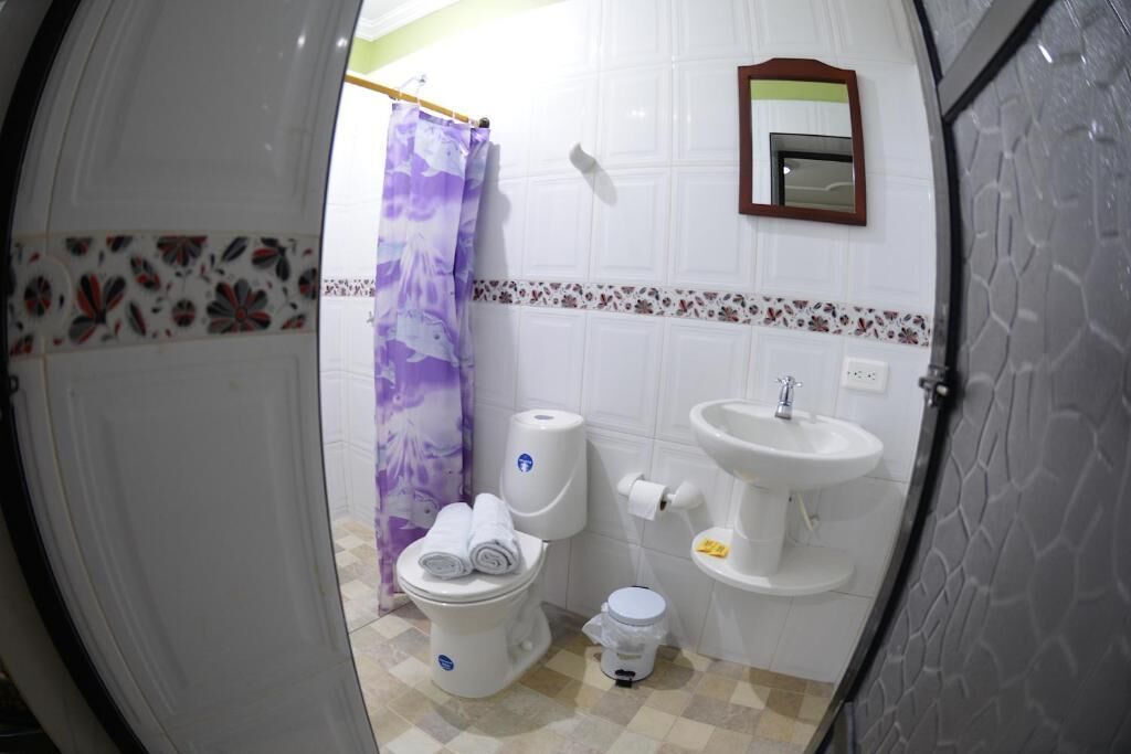 Ein Badezimmer mit Toilette, Waschbecken und Duschvorhang.