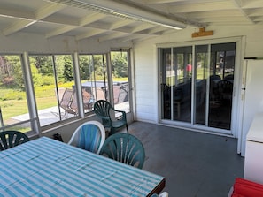 A covered patio area with a table and chairs, a sliding glass door leading outside, and a view of the outdoors.