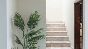 A hallway with a potted plant, a marble staircase, and a door. - Family Home with Heated Pool (Guadalajara)
