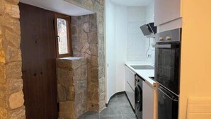 A compact kitchen with a stone accent wall, a built-in oven, and a washing machine. - Mabel House Suites - Intimate and sensory experience in Sierra de Gredos (Mijares)