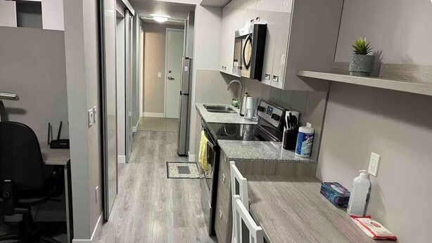 A modern kitchen with a granite countertop, stainless steel appliances, and a small potted plant on the shelf.