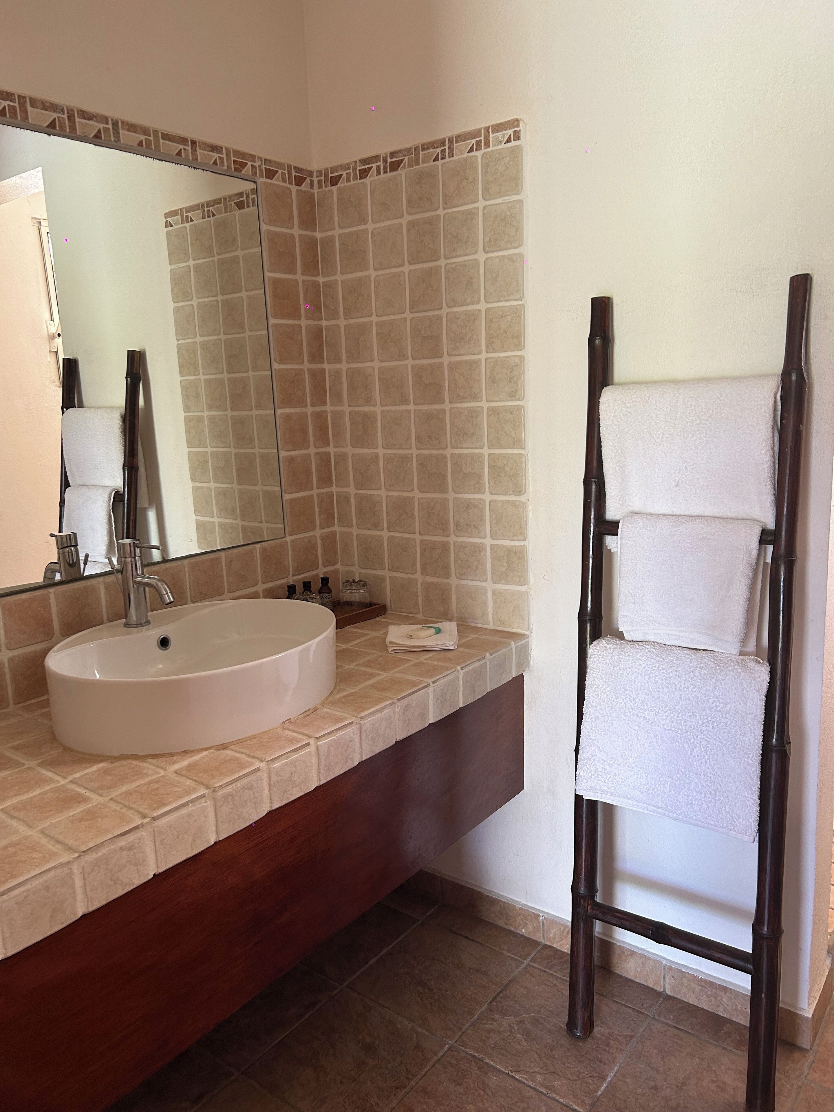 Dusj, hårføner, håndklær og såpe