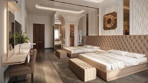 A luxurious bedroom with a large bed, a vanity, and a mirror. - Heaven Hotel (Vu Ninh)
