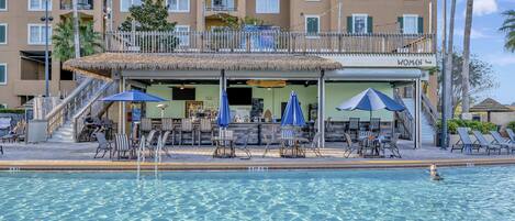 2 outdoor pools, open 8:00 AM to 10:00 PM, pool umbrellas, pool loungers
