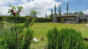 Una casa moderna con un gran ventanal, un patio y un césped bien cuidado.