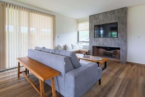 Televisión, chimenea y oficina 
