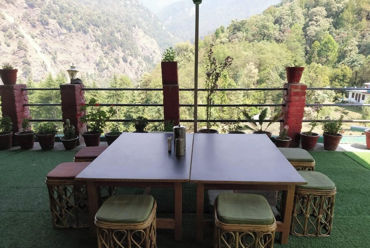 Un espace repas comprenant une table et des chaises, agrémenté de plantes en pot et offrant une vue sur un paysage montagneux.