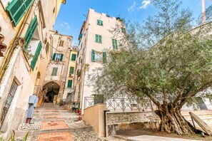Una stretta via fiancheggiata da edifici con portali ad arco e persiane verdi, che conduce a un ponte di pietra.
