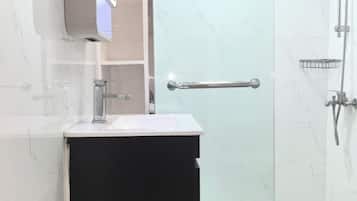 Comfort Studio, Courtyard View | Bathroom | Shower, hydromassage showerhead, slippers, soap