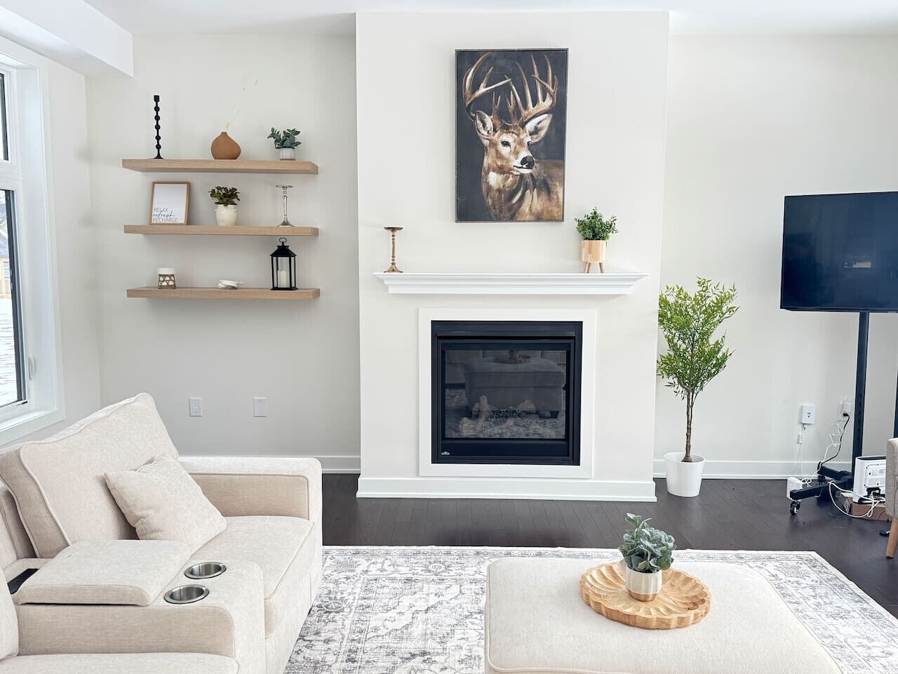 A modern living room with a fireplace, a sofa, a coffee table, and a TV.