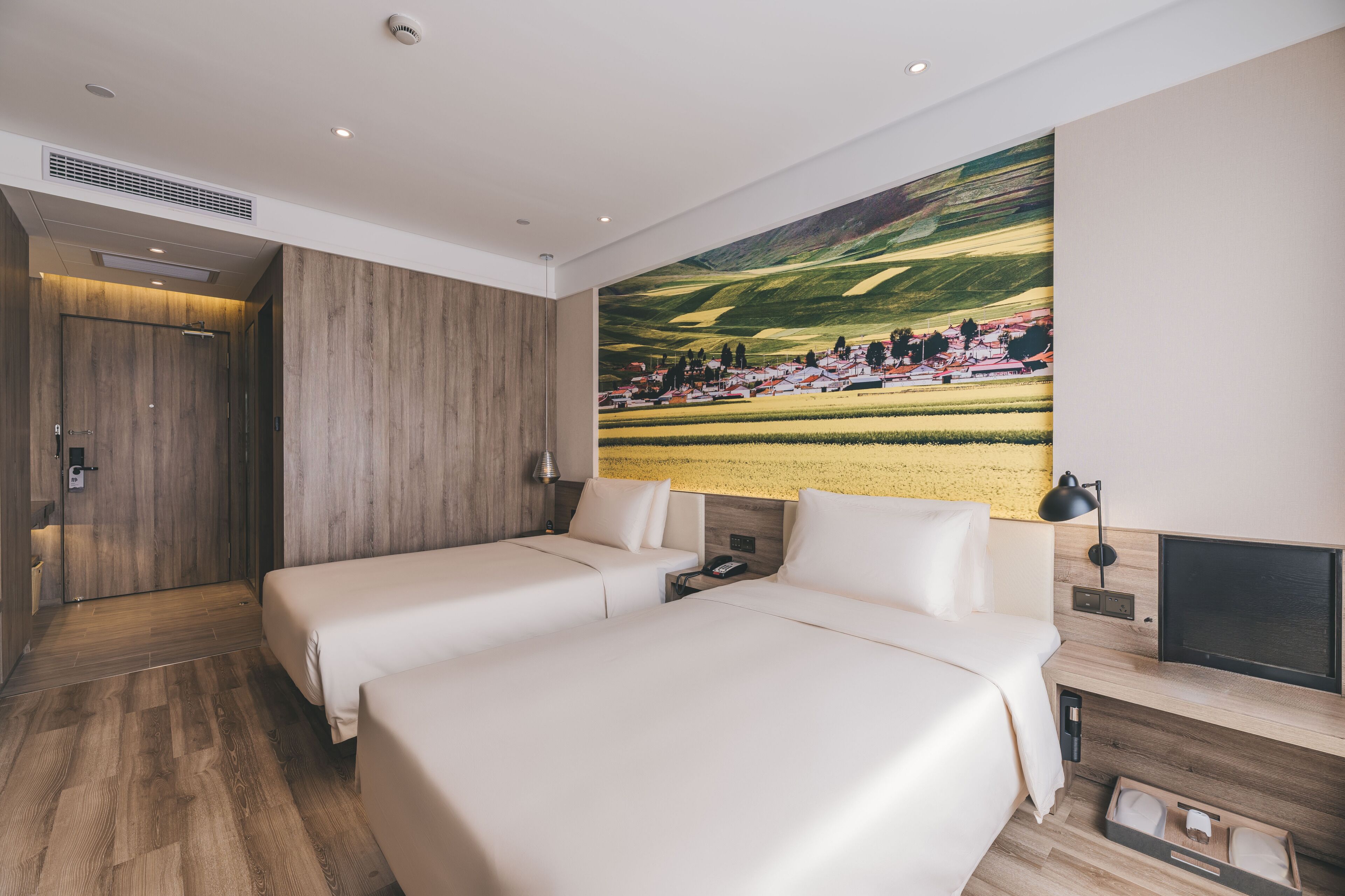 Habitación de hotel moderna con dos camas, un cuadro grande de un paisaje y un televisor de pantalla plana.