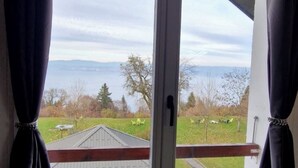 A room with a window overlooking a grassy area and a distant view of a body of water. - T2 with breathtaking view of Lake Geneva (Lugrin)