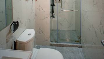 Hair dryer, towels, soap, shampoo