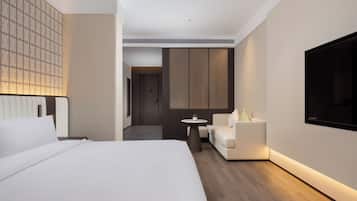 Laptop workspace, blackout curtains, soundproofing, iron/ironing board