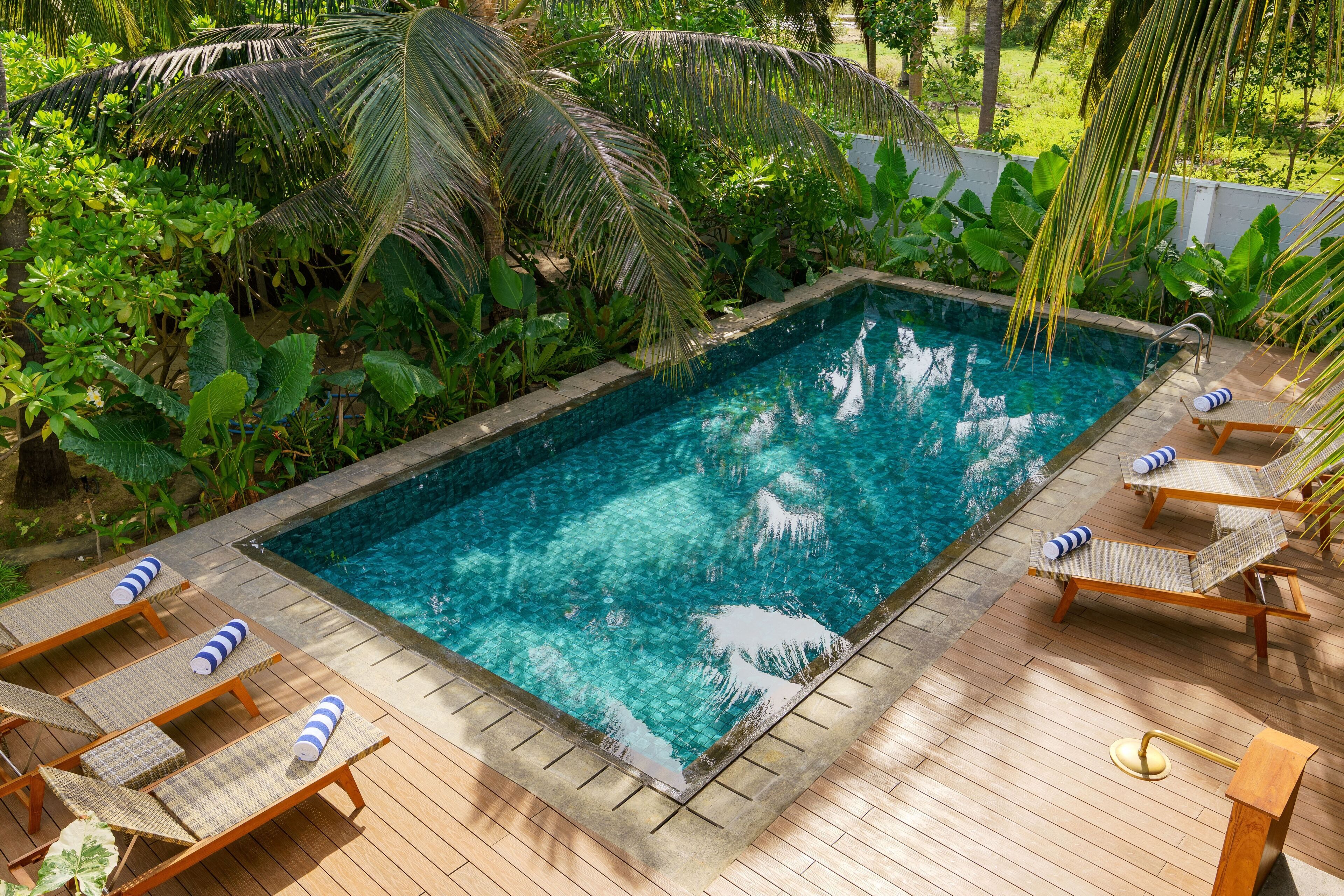 A rectangular swimming pool with clear blue water, surrounded by lush greenery and wooden deck.