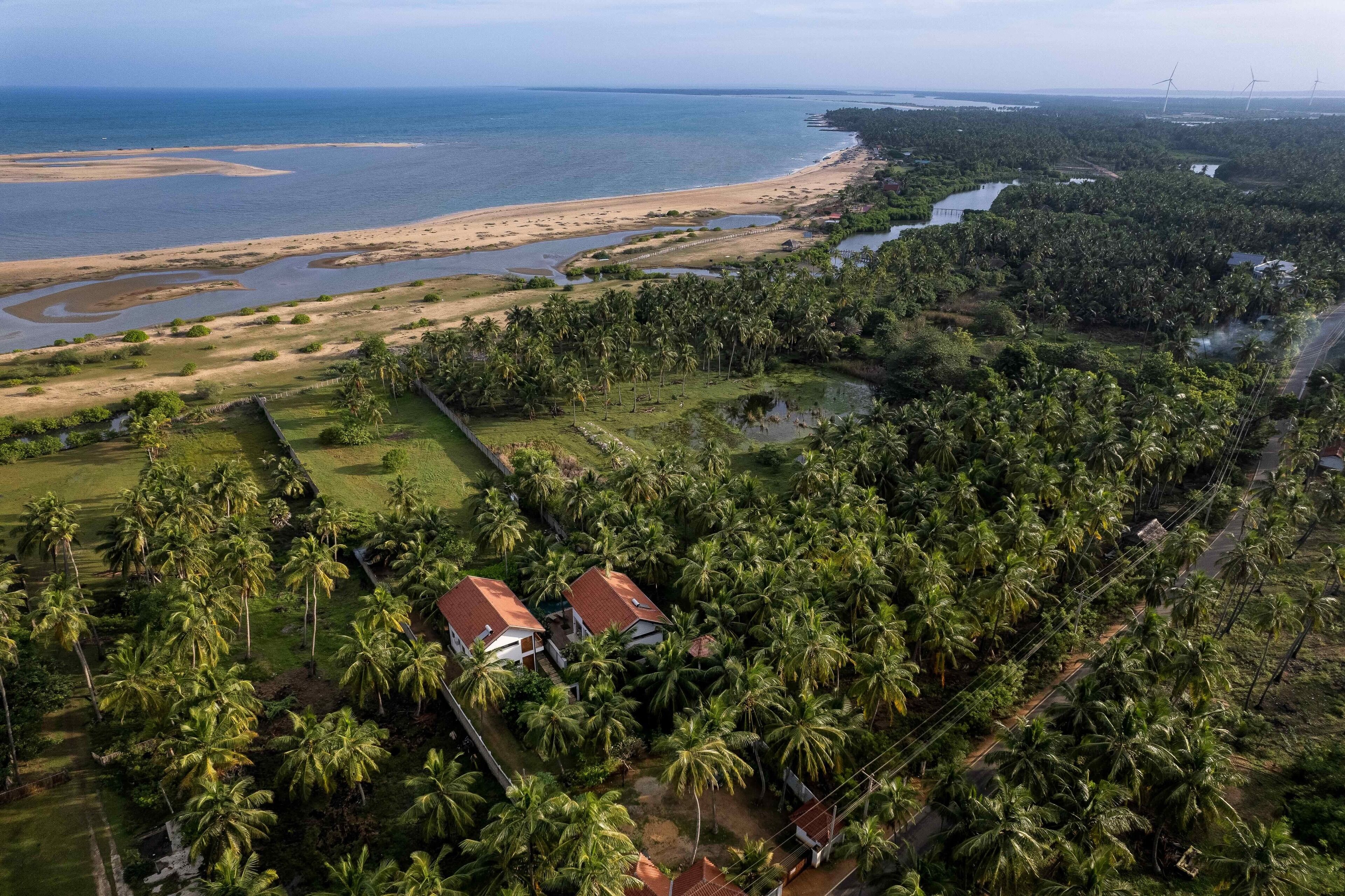 An aerial view of a coastal area with a beach, palm trees, and a few houses.