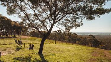 Una colina cubierta de hierba con un árbol grande al frente, una mesa de picnic y sillas a la izquierda.