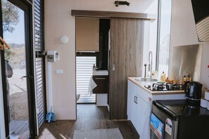 Fridge, microwave, stovetop, toaster - Tallarook Hilltop Tiny House 2 by Tiny Away (Tallarook)