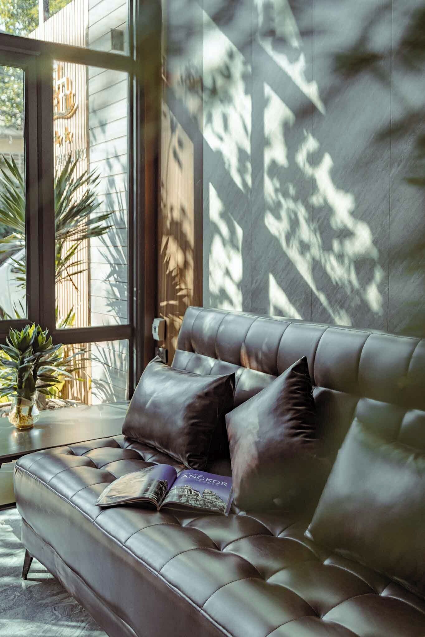 Un canapé en cuir avec des coussins, un magazine et une plante en pot, dans une pièce dotée de grandes fenêtres et offrant une vue sur les arbres.
