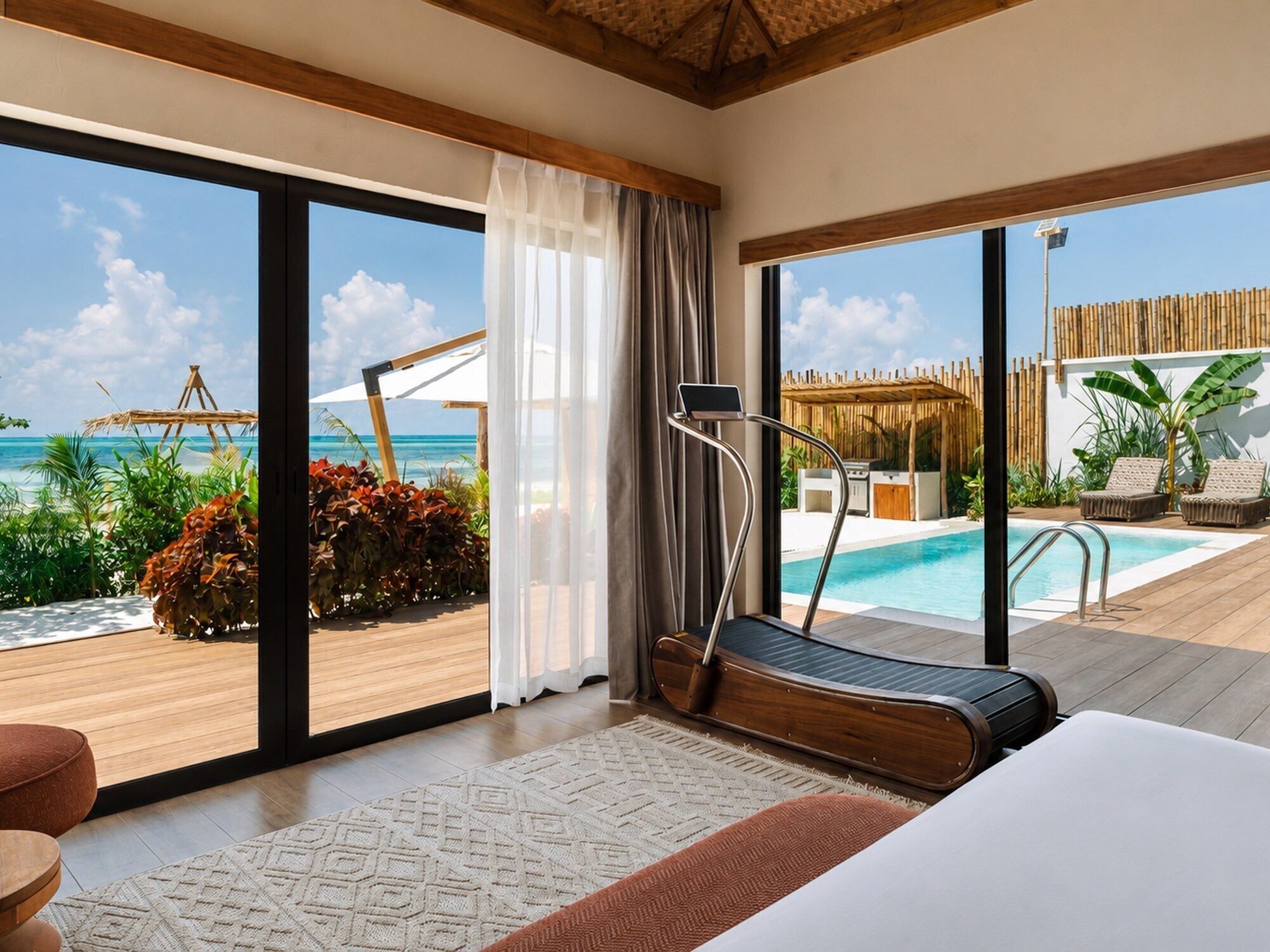 Una habitación con caminadora, piscina y vista al océano.