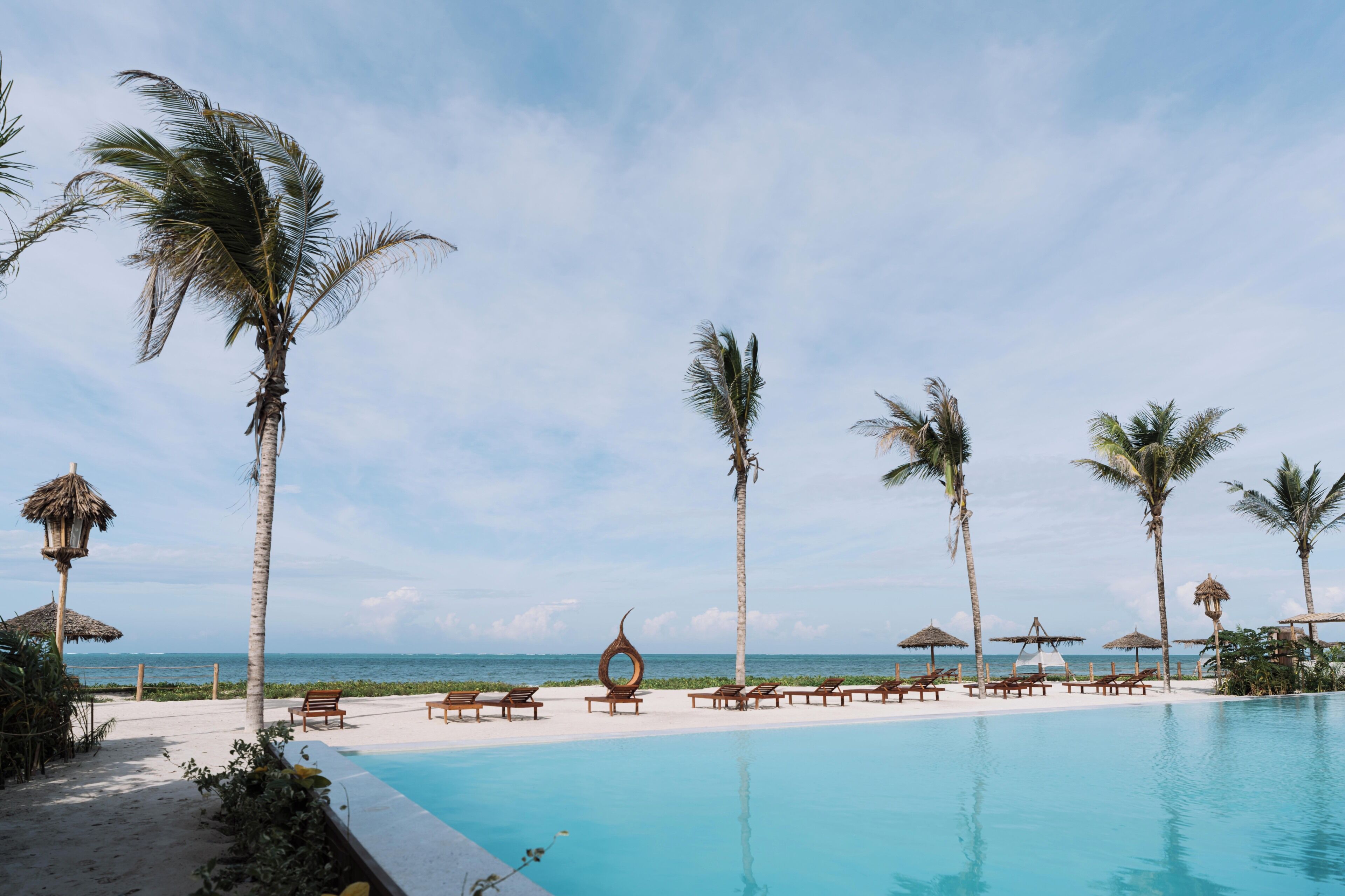 Zona junto a la piscina con sillones de descanso, palmeras y vista al océano.