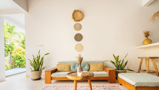 Una sala moderna con sofá, una mesa de centro y plantas en macetas.