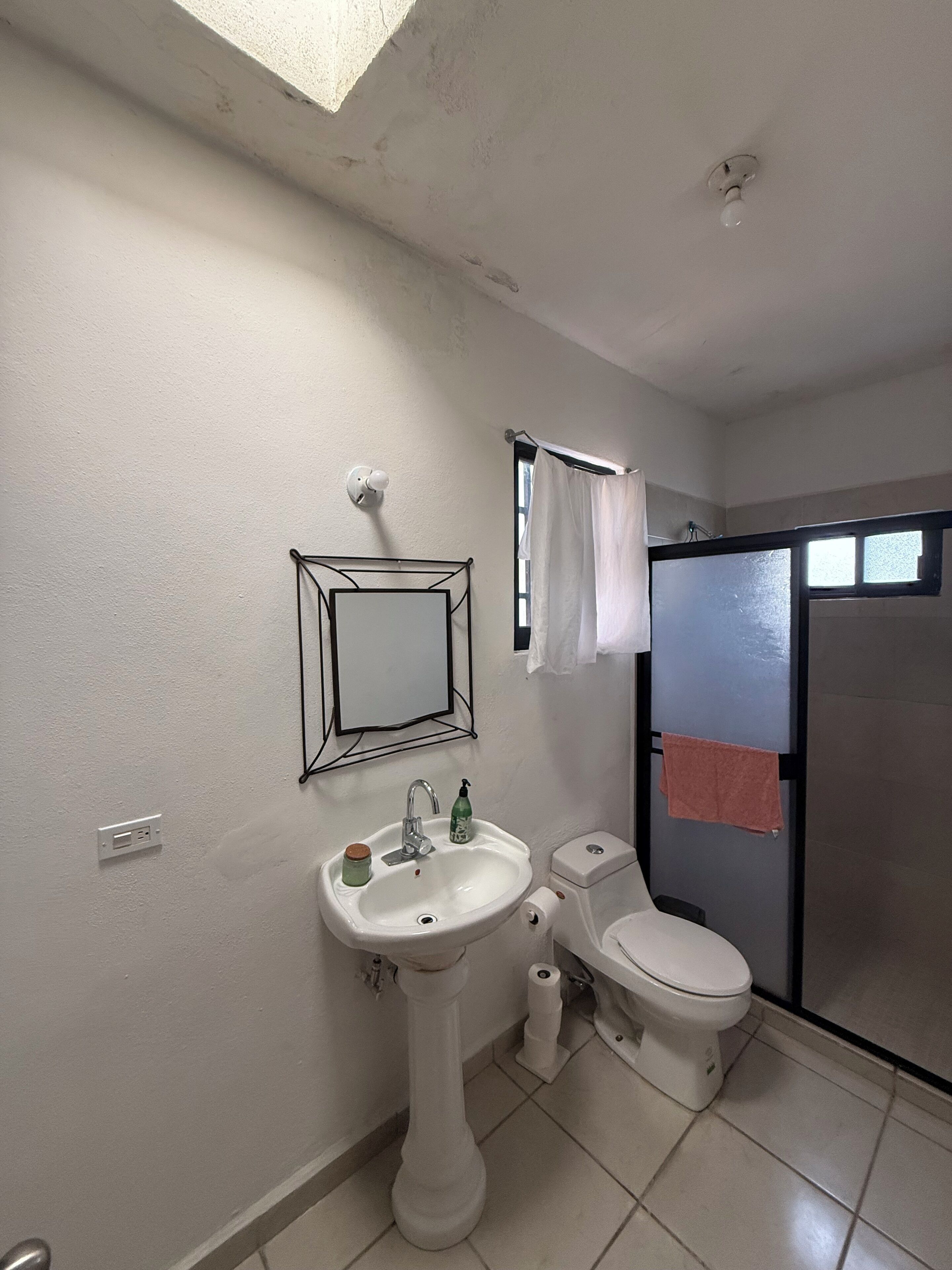 Hair dryer, towels, soap, toilet paper