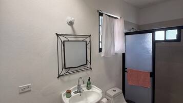 Hair dryer, towels, soap, toilet paper