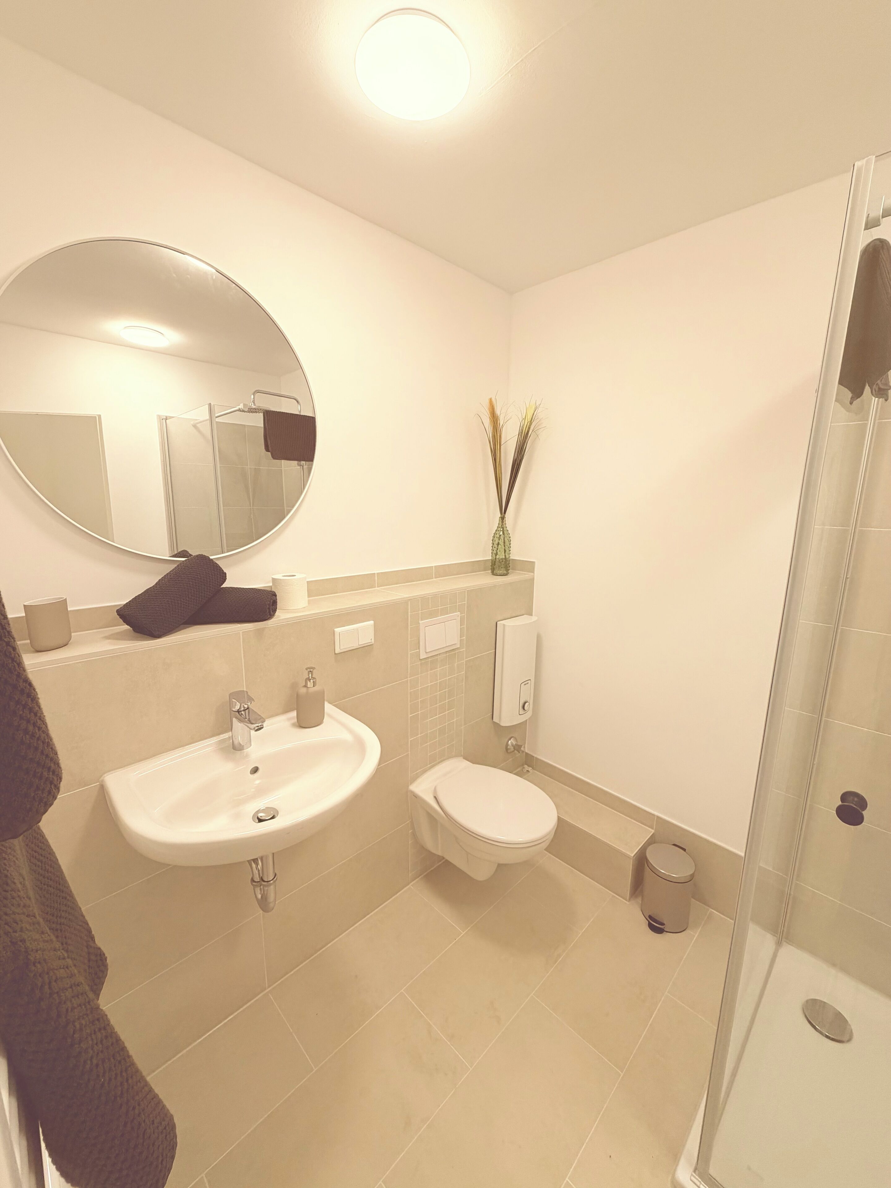 Shower, towels, toilet paper