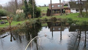 A pond with a duck, surrounded by a garden and a house. - Le lodge du bassin, Au Calme Absolu (Lindry)