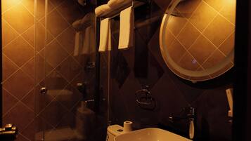 A modern bathroom with a glass shower enclosure, a white toilet, and a sink with a mirror above it.