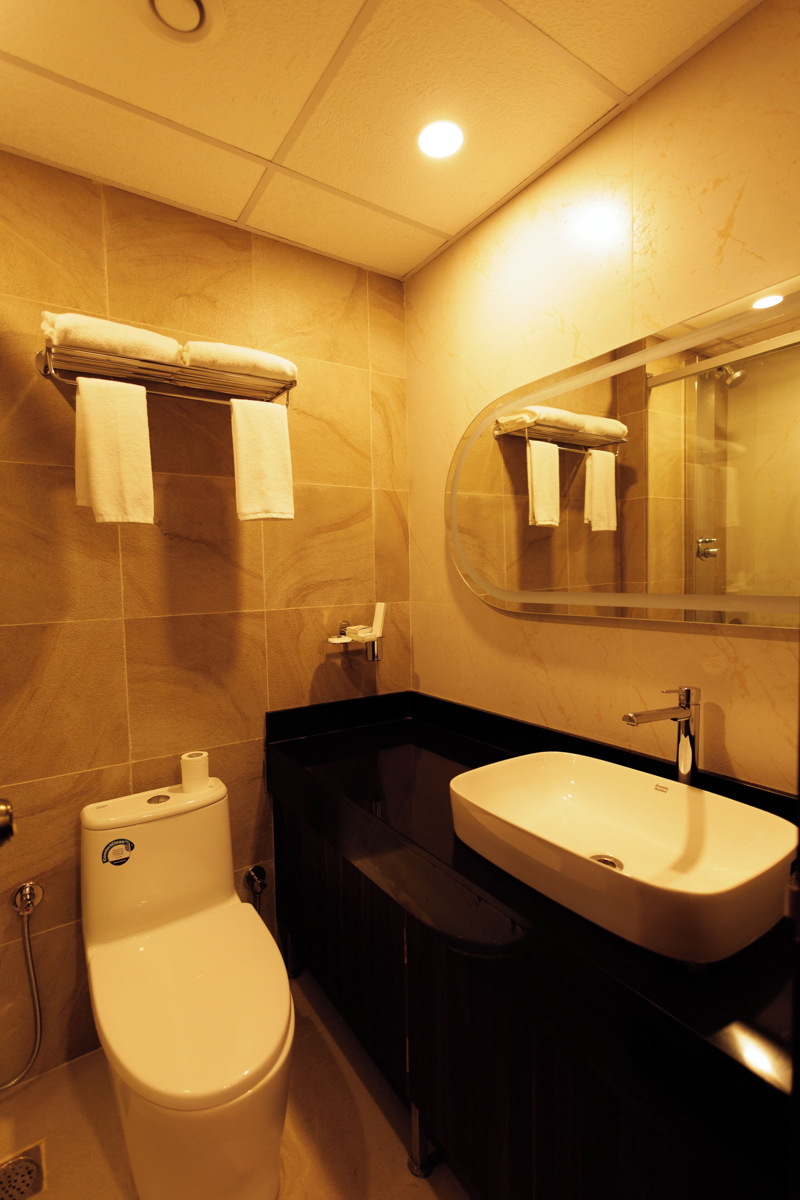 Un baño con inodoro, lavamanos y espejo.