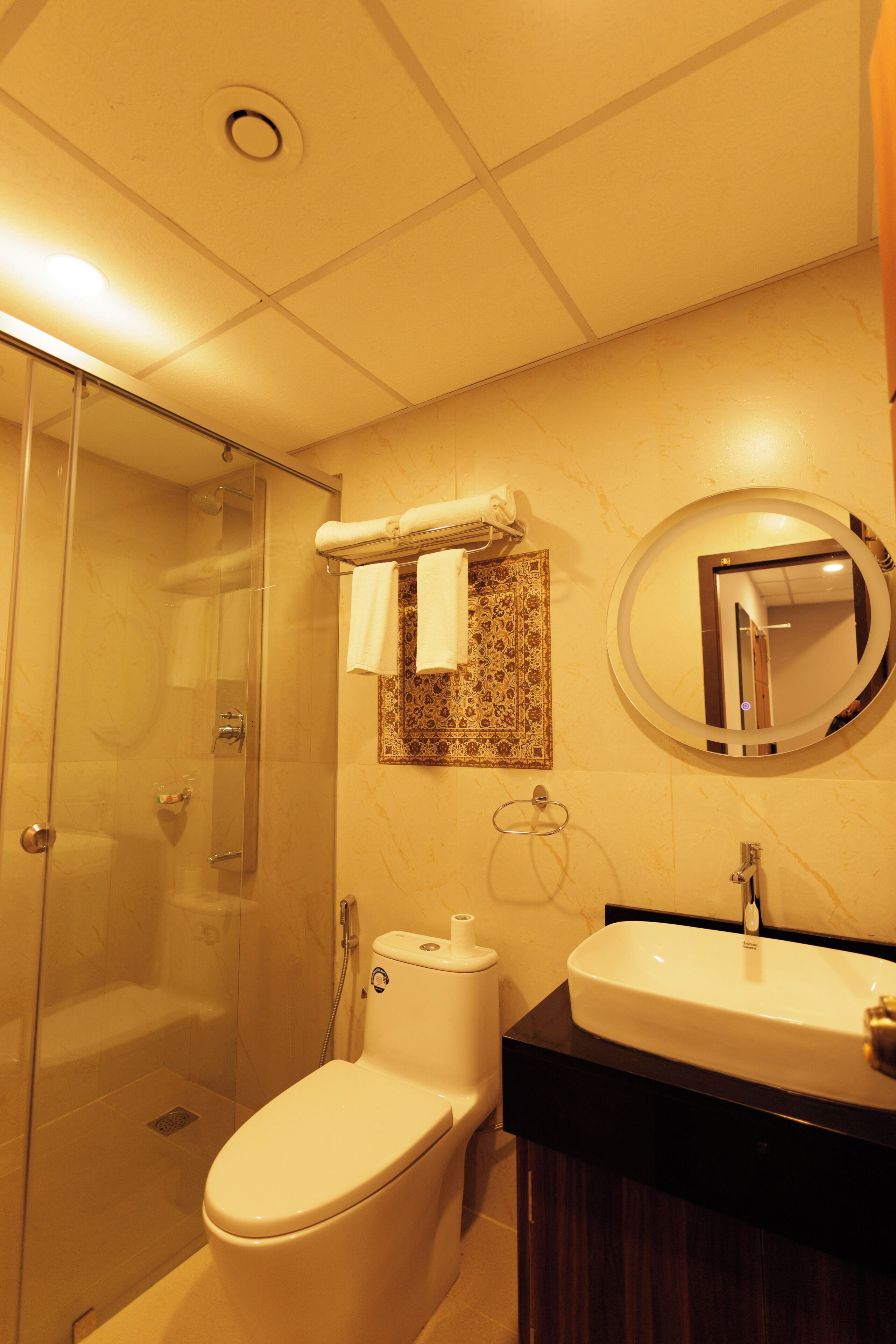 A bathroom with a glass-enclosed shower, a toilet, a sink, and a mirror.