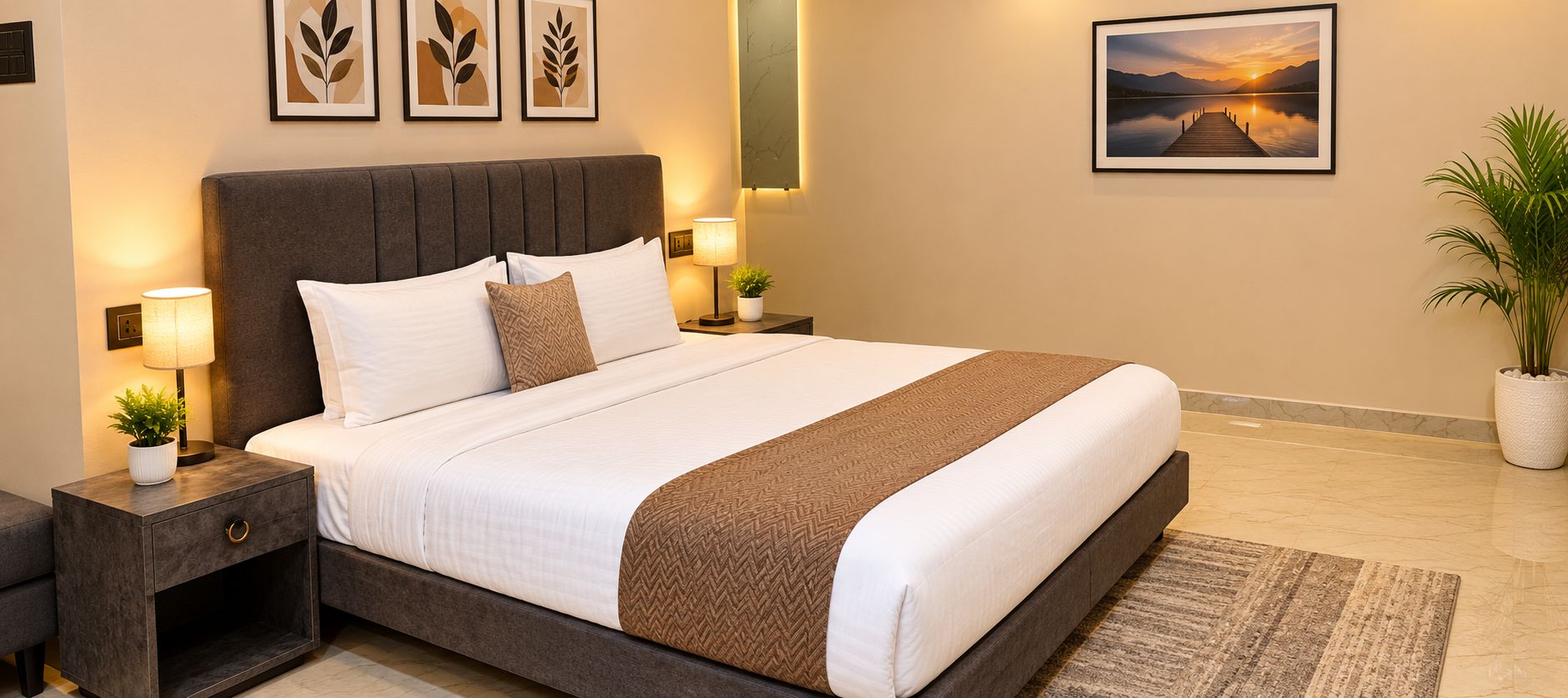 A neatly made bed with a brown and white striped blanket, two bedside lamps, a nightstand with a plant, and a framed picture on the wall.