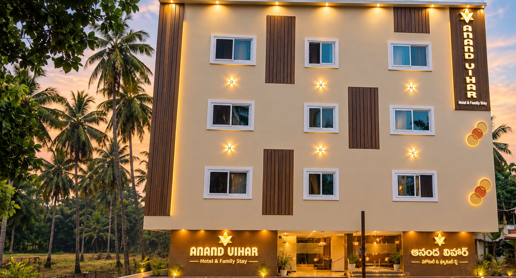 Un hotel con diverse finestre e un cartello che indica che è un albergo e offre alloggio per famiglie.