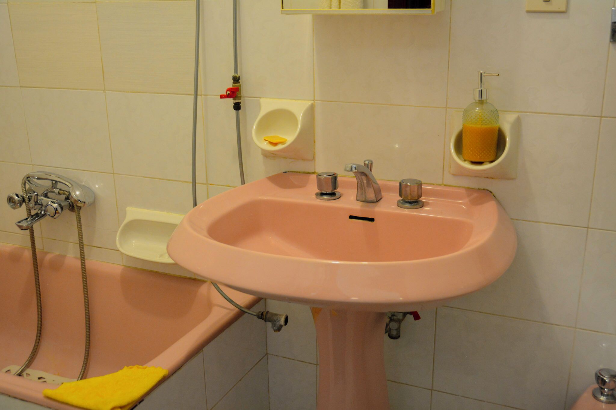 Une salle de bain avec un lavabo rose, une douche et un distributeur de savon.