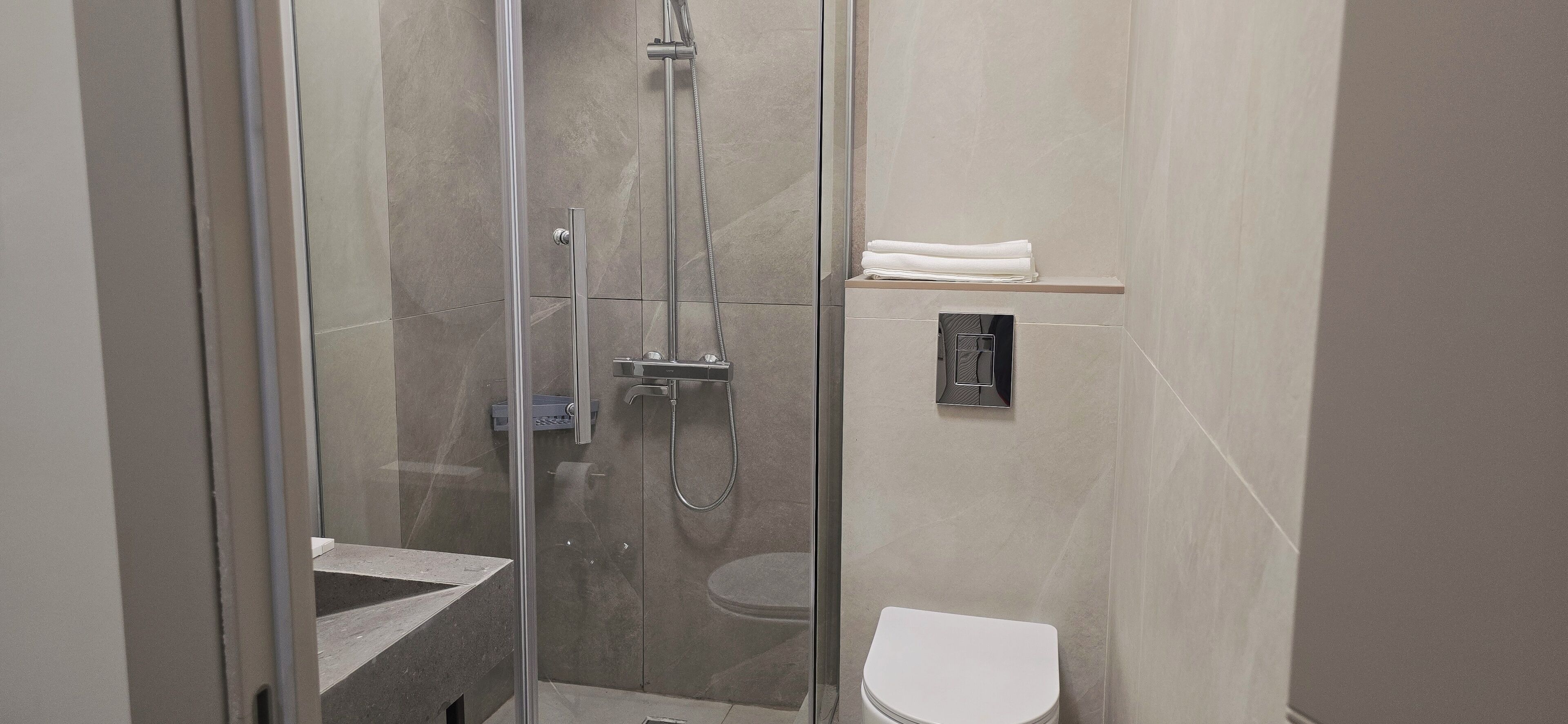 A modern bathroom with a glass-enclosed shower, a toilet, and a sink.