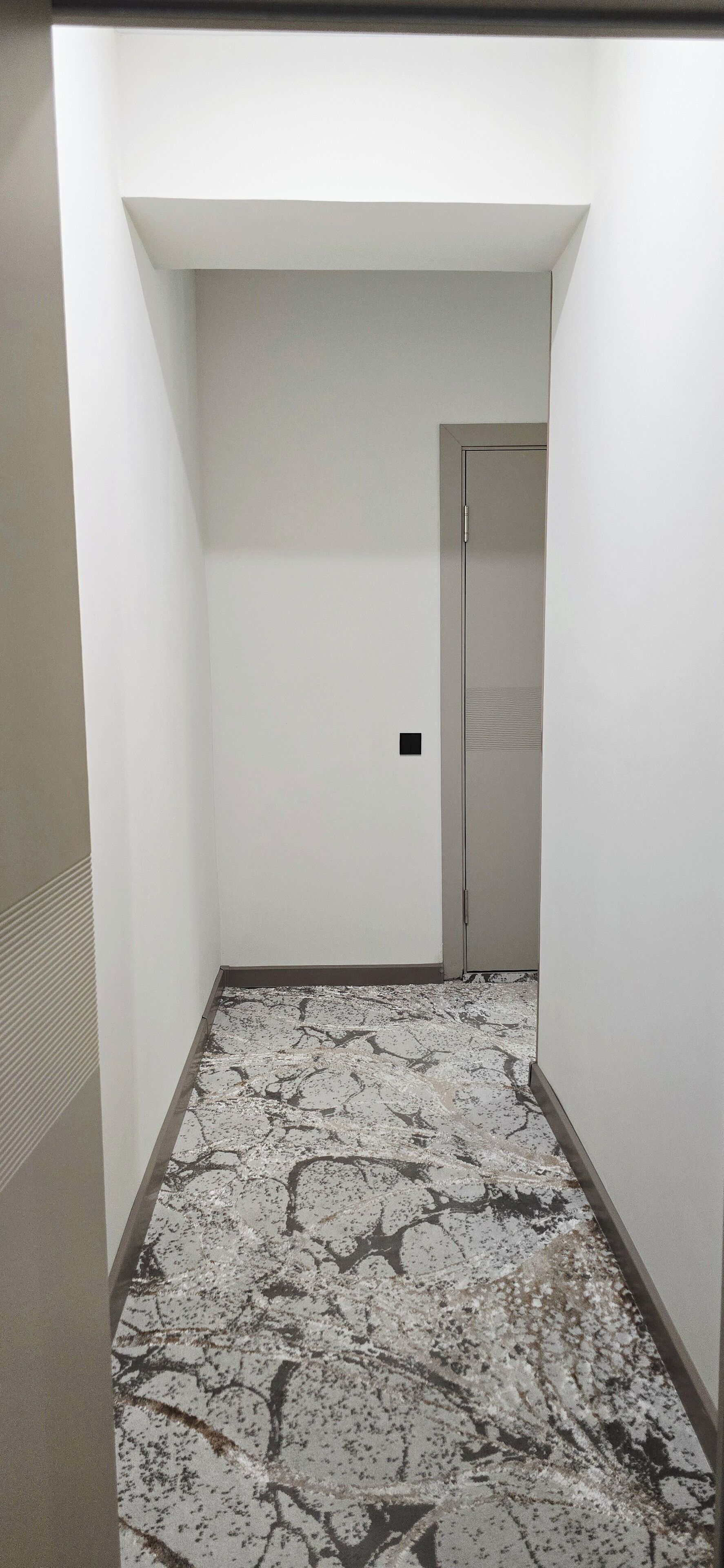 Un couloir étroit, doté d’un sol à motifs et d’une porte au fond.