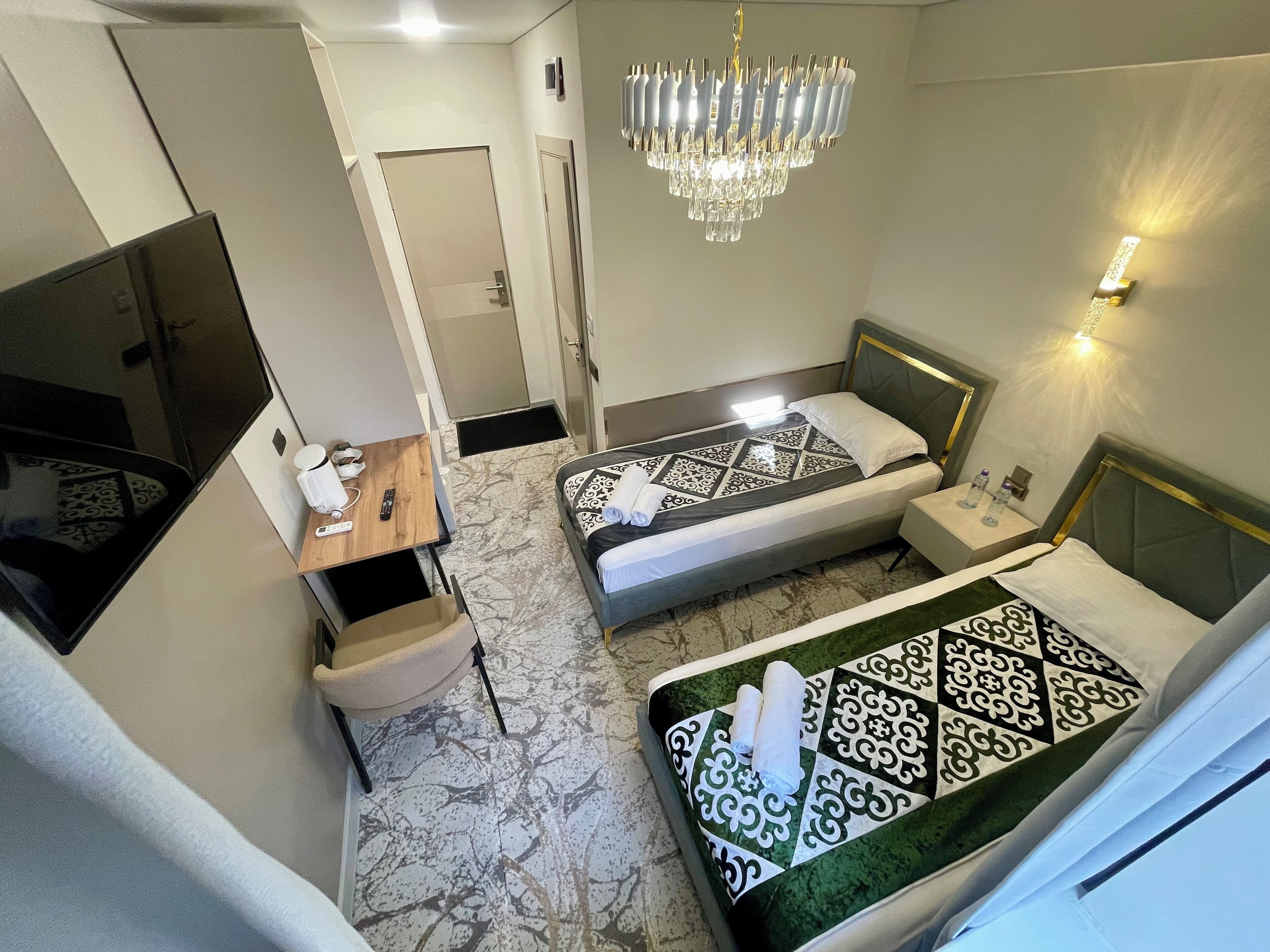 Minibar, desk, laptop workspace, blackout curtains