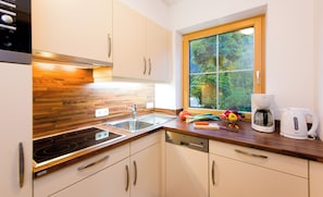 Apartamento Confort, vistas a la montaña | Cocina privada | Nevera en la zona común y trona infantil