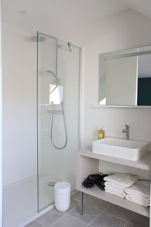 Shower, hair dryer, towels, soap