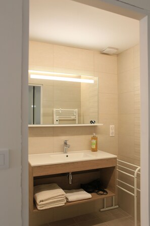 Shower, hair dryer, towels, soap