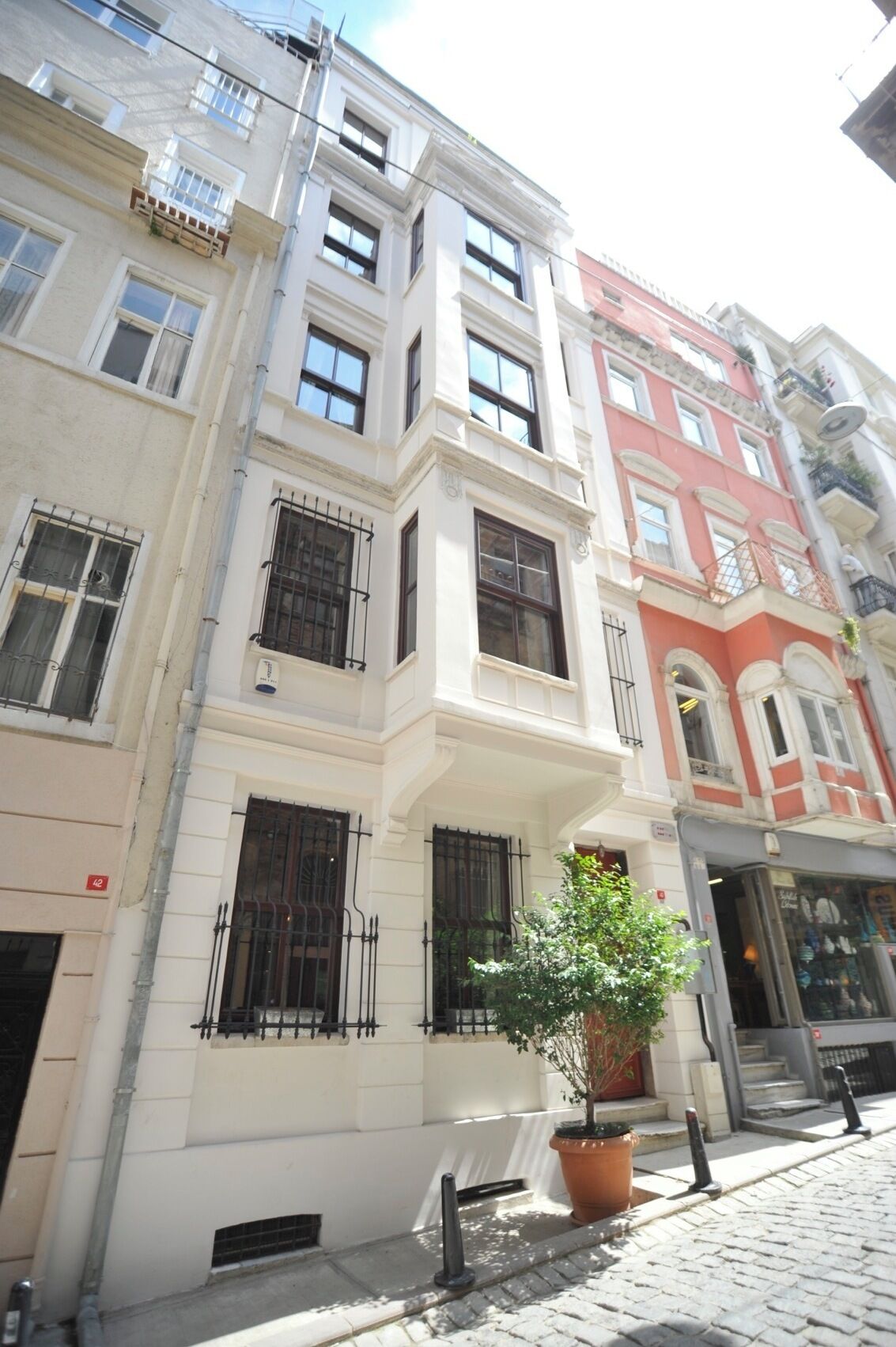A multi-story building with a white facade, black window bars, and a potted plant in the foreground.