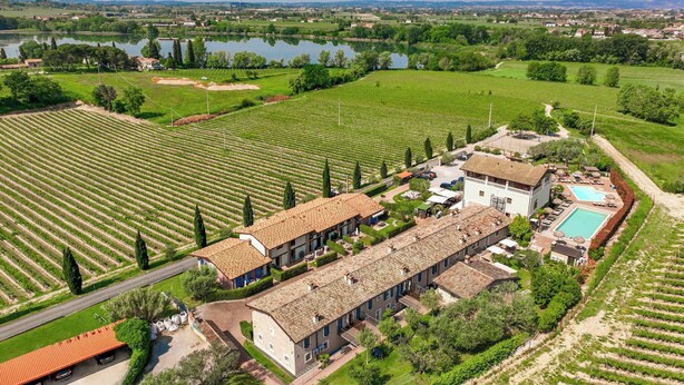 Una gran villa con piscina, rodeada de viñedos y un lago.