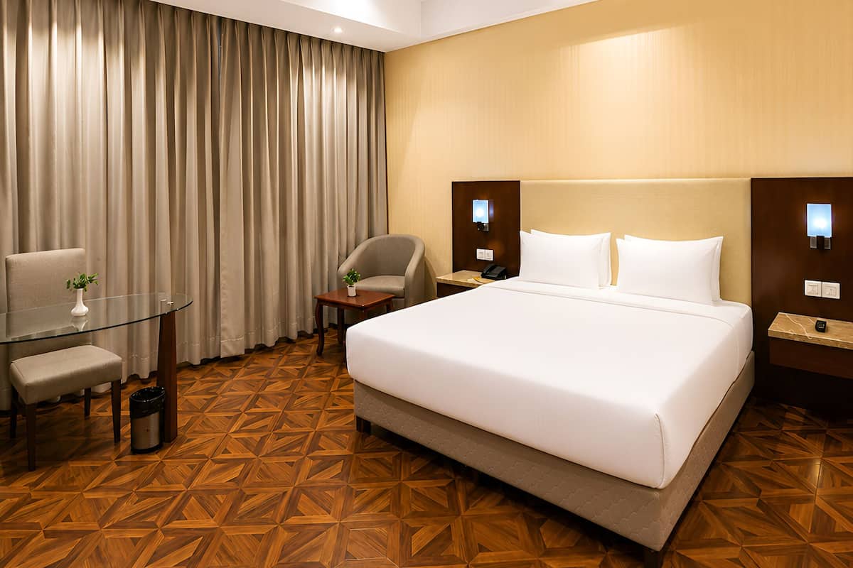 Habitación de hotel con una cama grande, un escritorio, una silla, una mesita con una planta y un cesto de basura.