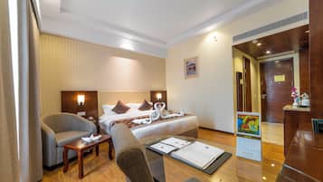 Desk, laptop workspace, blackout curtains, iron/ironing board