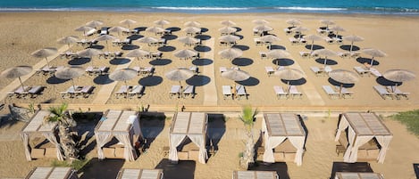 Beach nearby, white sand, beach cabanas, sun-loungers