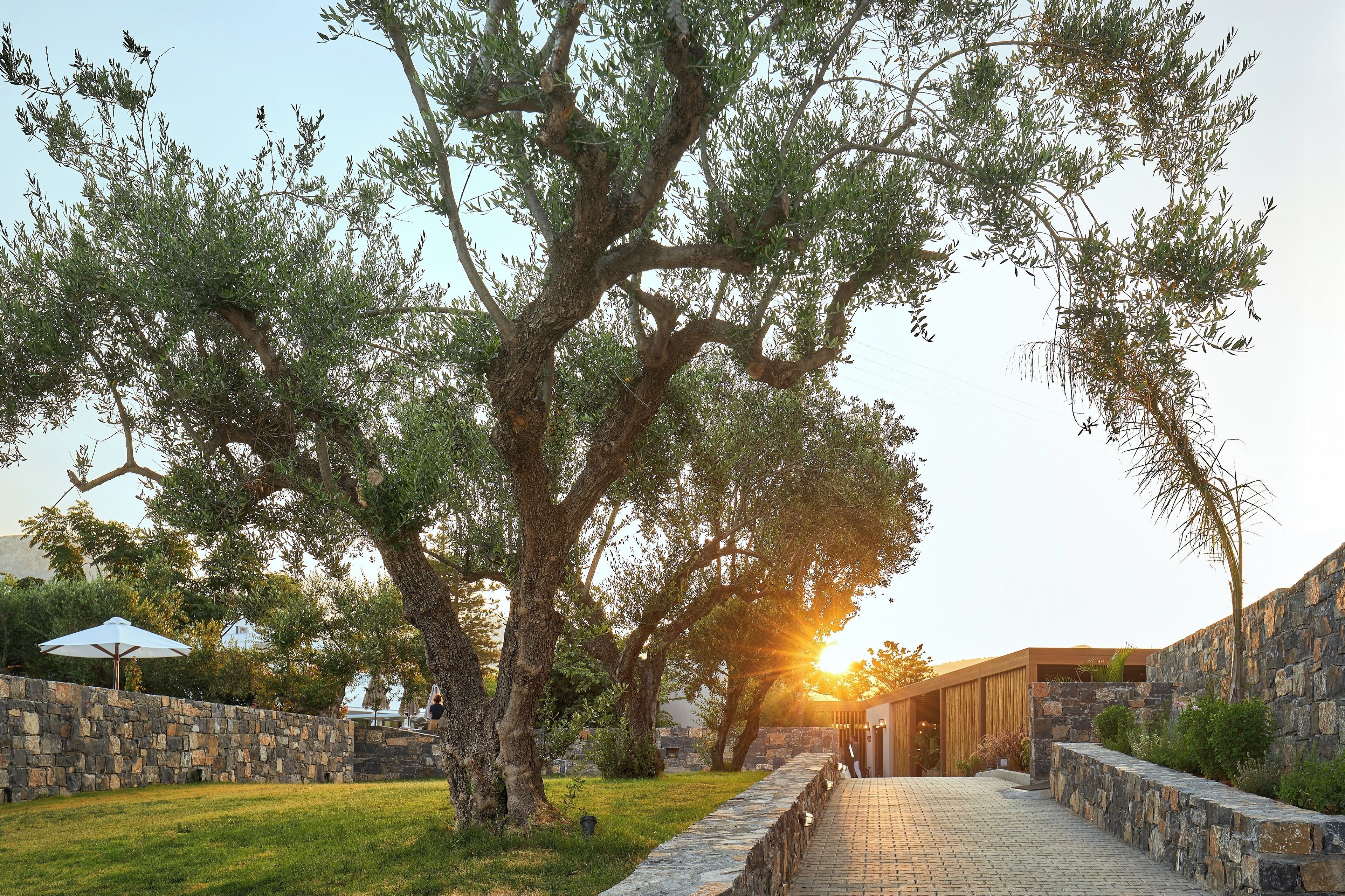 A stone pathway leading to a building with a stone wall on one side.