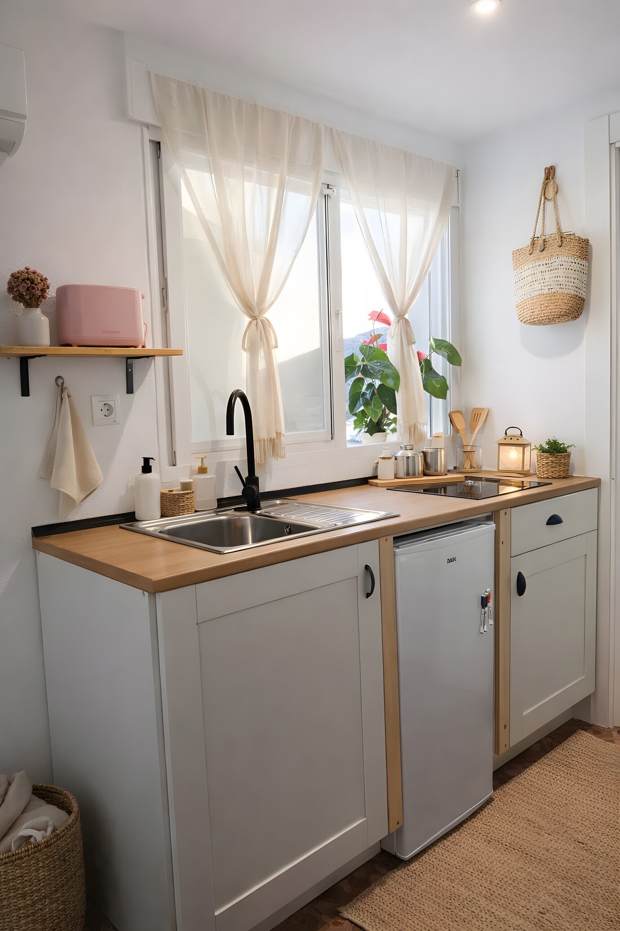 Fridge, microwave, stovetop, coffee/tea maker