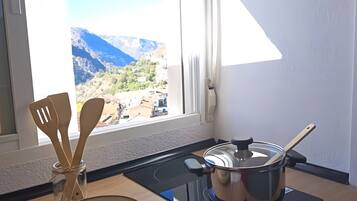 Fridge, microwave, stovetop, coffee/tea maker